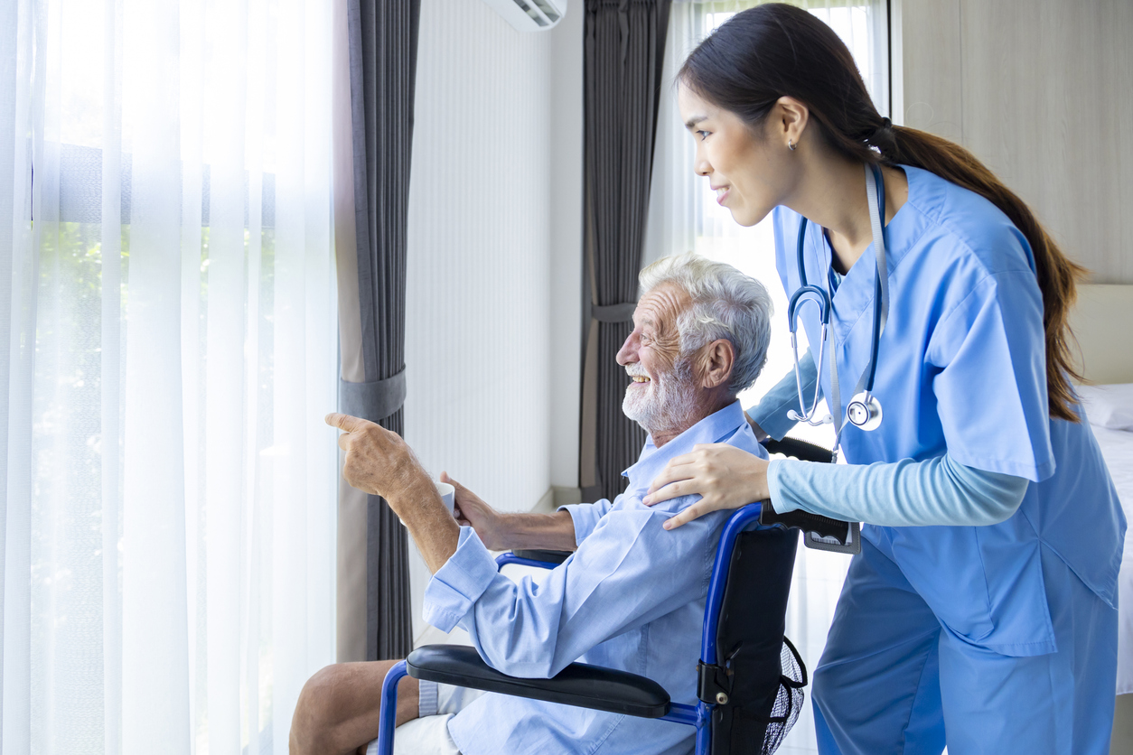 nurse with man in wheelchair looking out window