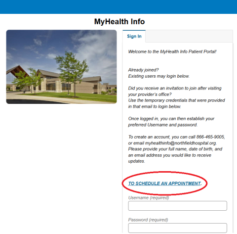 photo of MyHealth Info portal with "To Schedule an Appointment" link highlighted